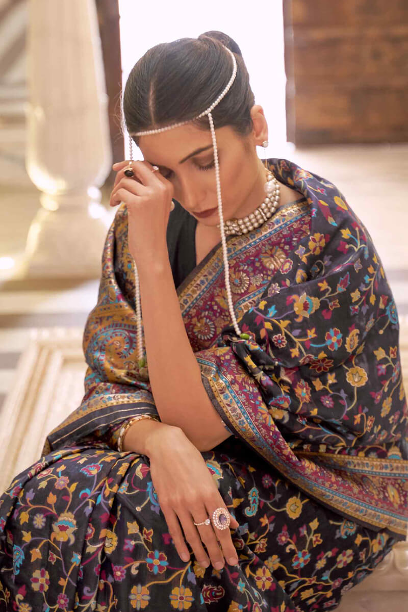 Raven Black Kashmiri Modal Pashmina silk saree