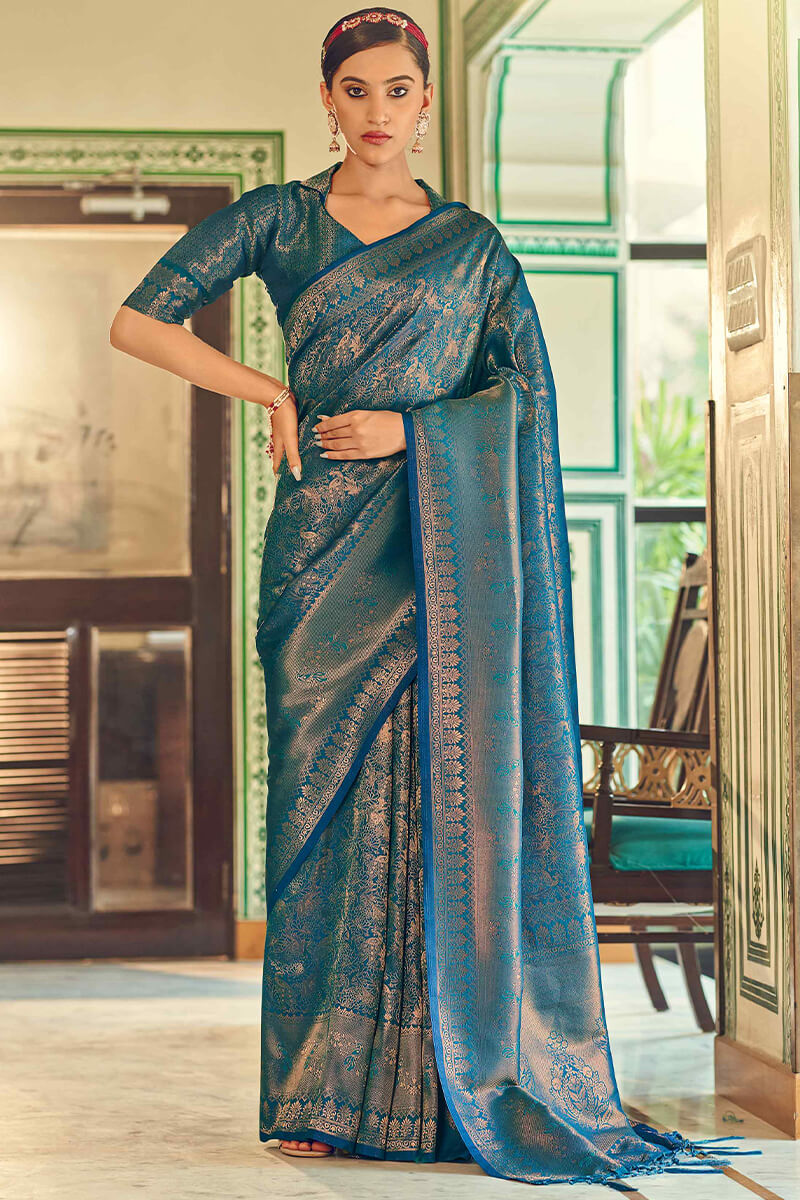 Regal Blue Zari Woven Kanjivaram Silk Saree