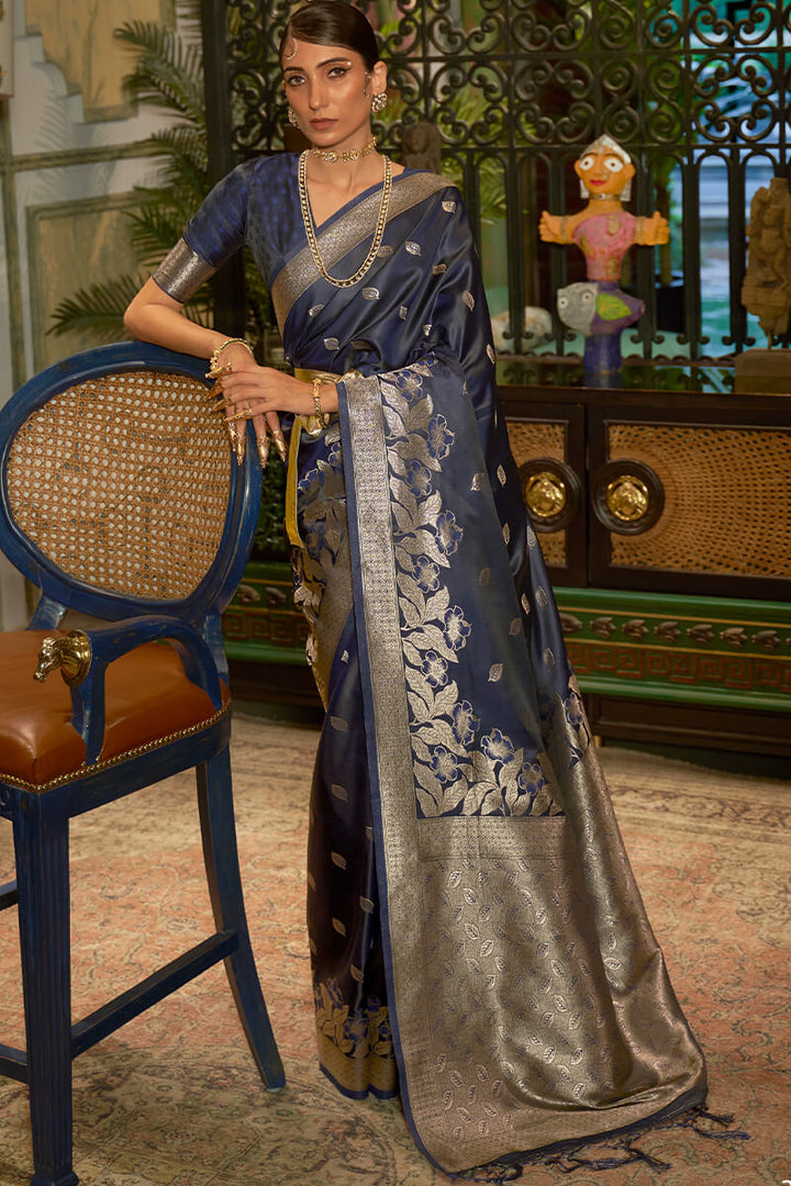 Rhino Blue Satin Silk Saree