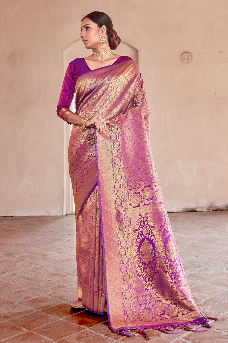 Rich Purple Kanjivaram Silk Saree With Swaroski Work