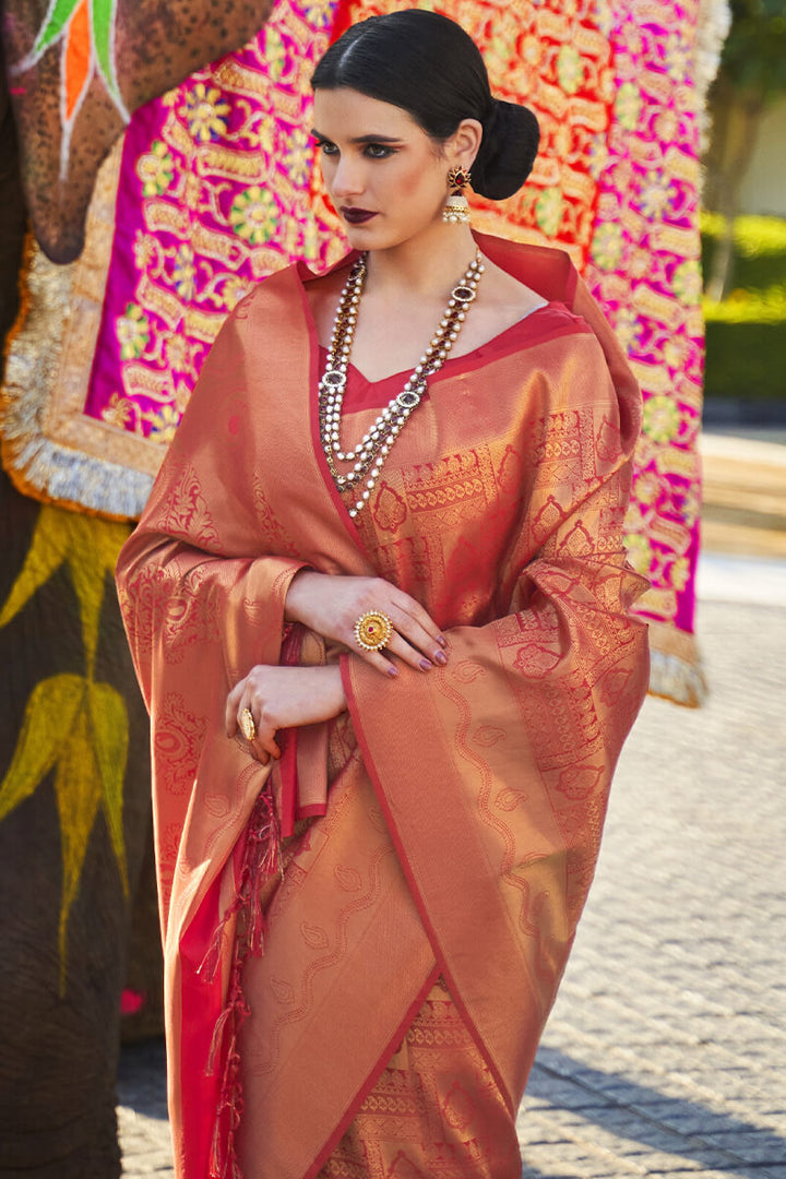 Rose Red Zari Woven Kanjivaram Silk Saree