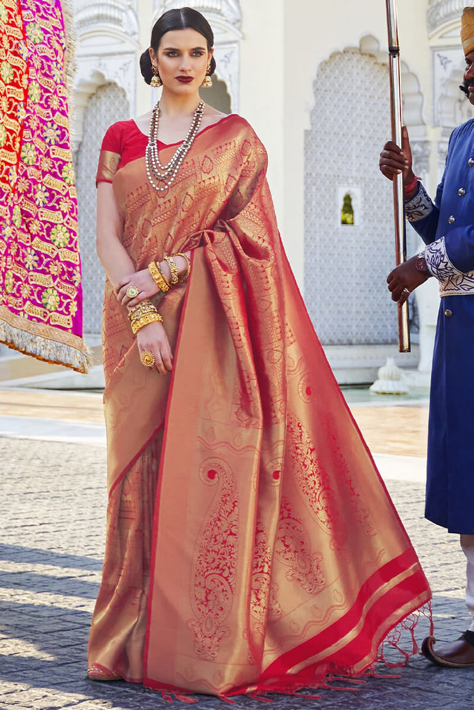 Rose Red Zari Woven Kanjivaram Silk Saree