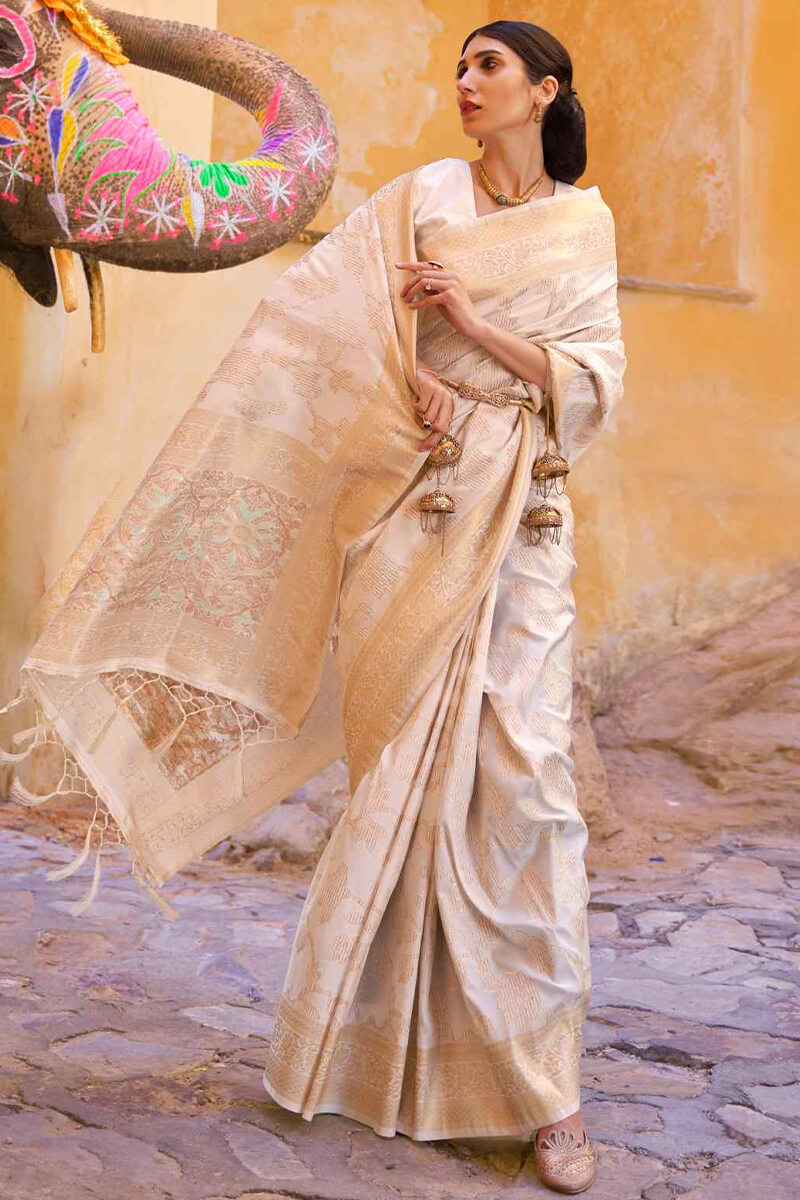 Rose White Banarasi Silk Saree With Sequence Work