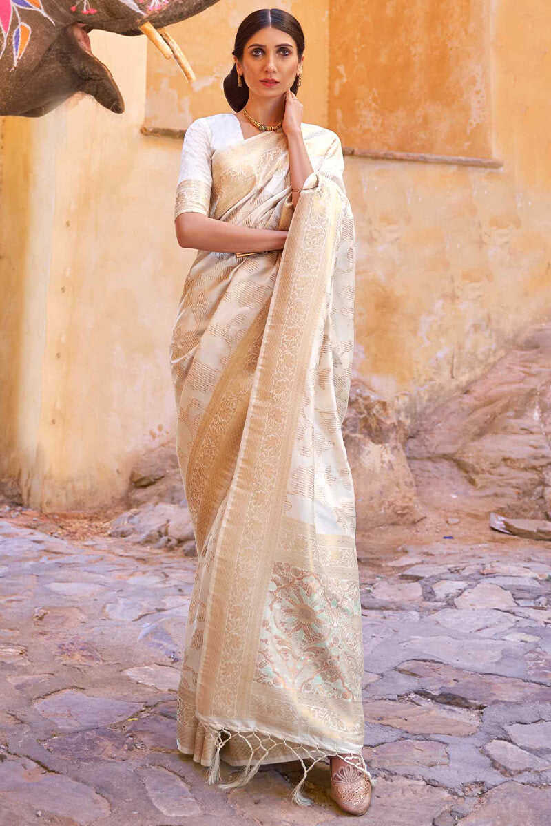 Rose White Banarasi Silk Saree With Sequence Work