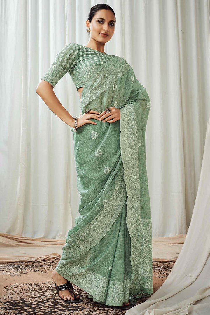 Sage Green Linen Silk Saree
