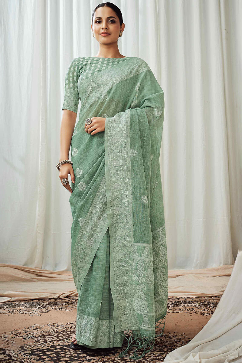 Sage Green Linen Silk Saree