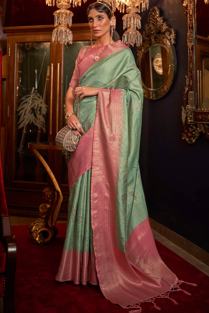 Sea Green and Pink Kanjivaram Silk Saree