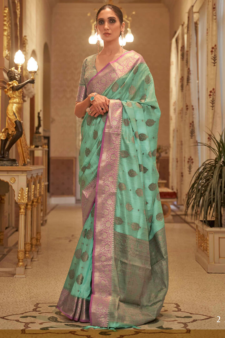 Sea Green Tussar Silk Saree