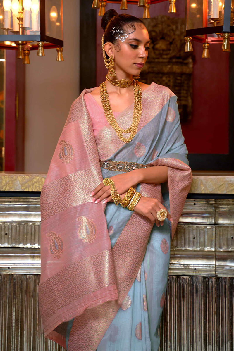 Sky Blue and Pink Linen Silk Saree