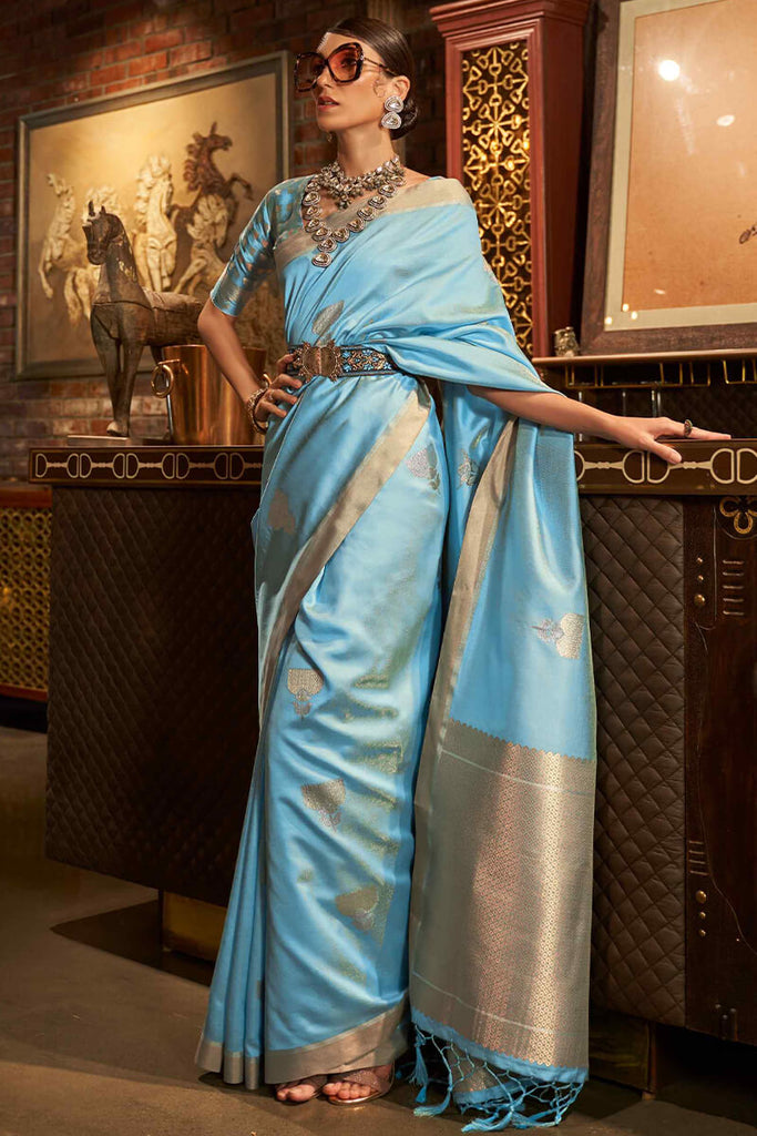 Sky Blue Copper zari Woven Banarasi Silk Saree