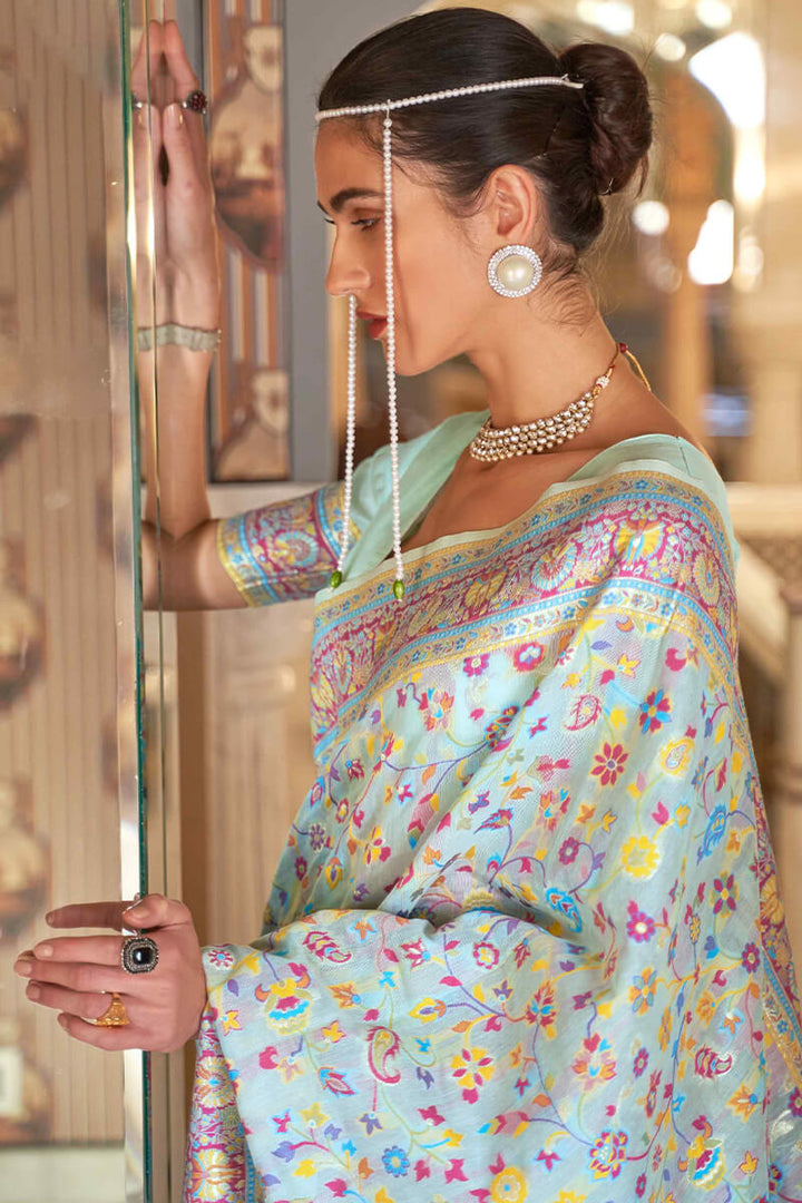 Sky Blue Kashmiri Modal Pashmina silk saree