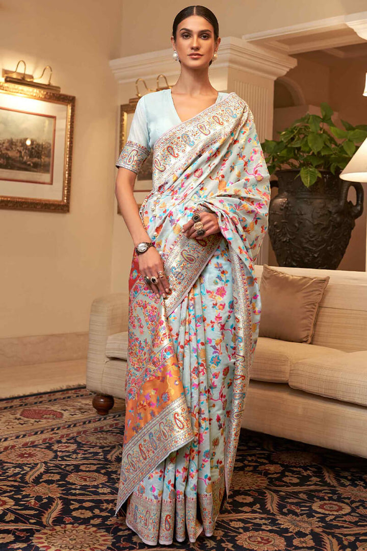 Sky Blue Pashmina Silk Saree