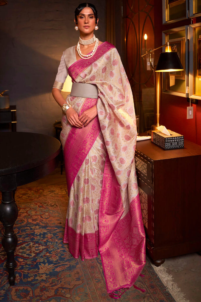 Spanish White and Pink Kanjivaram Silk Saree