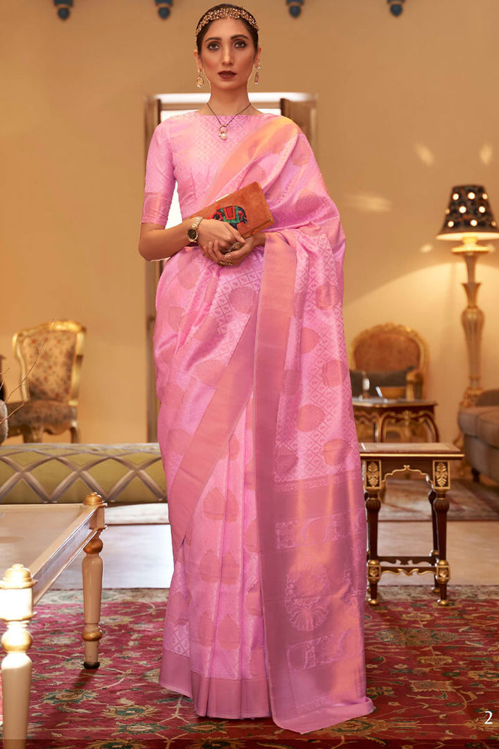 Sweet Pink Copper Zari Weaving Banarasi Silk Saree