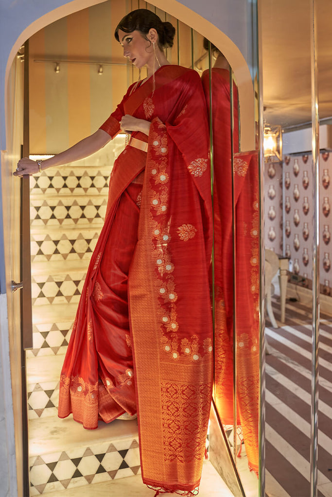 Tamarillo Red Copper Zari Woven Tussar Silk Saree