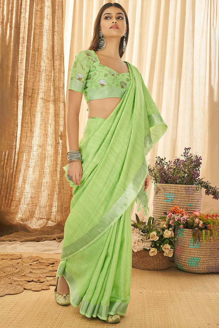 Tan Green Linen Silk Saree