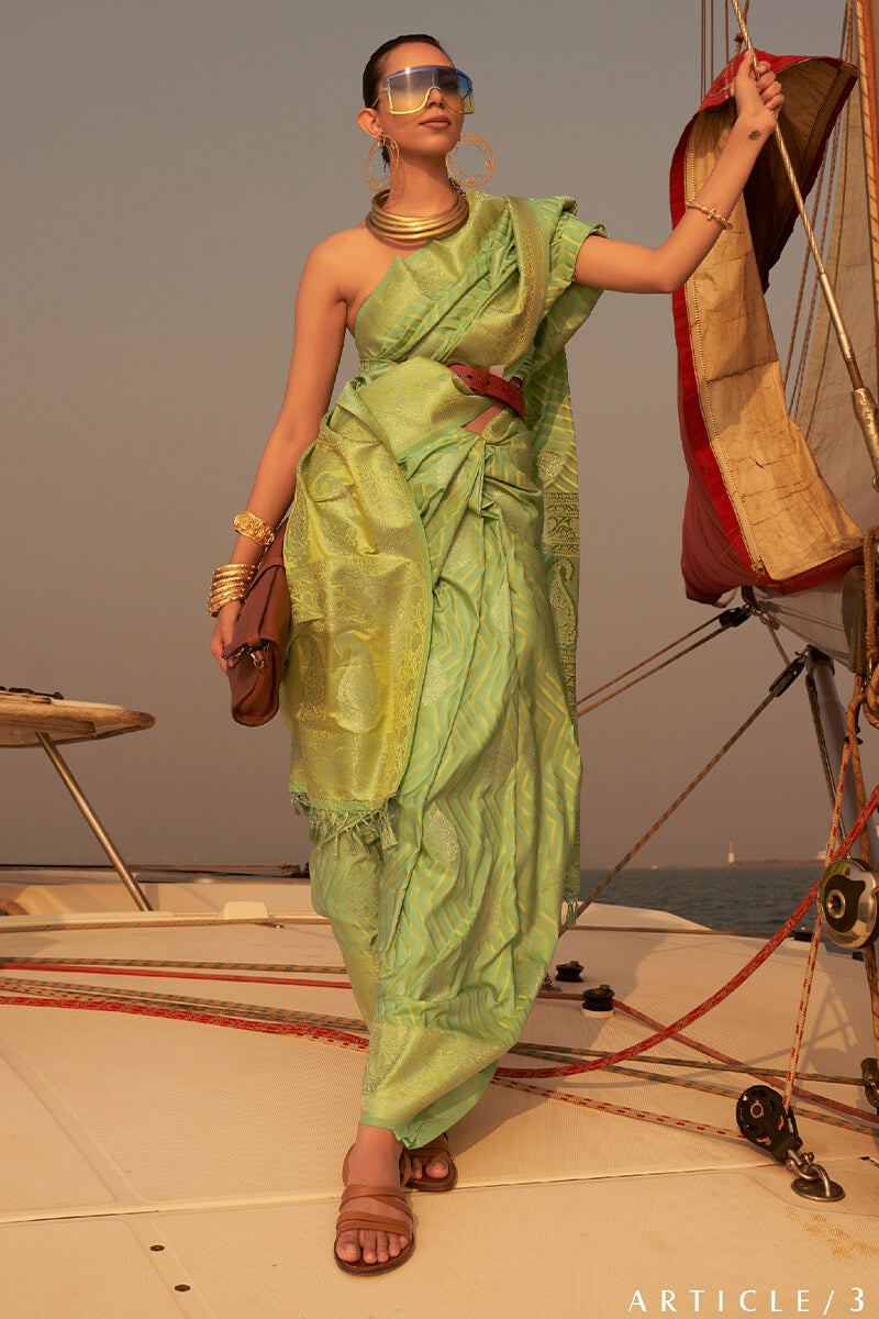 Tan Green Two Tone Banarasi Satin Silk Saree