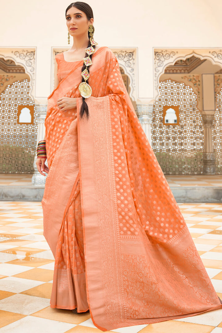 Tangerine Peach Zari Woven Banarasi Silk Saree