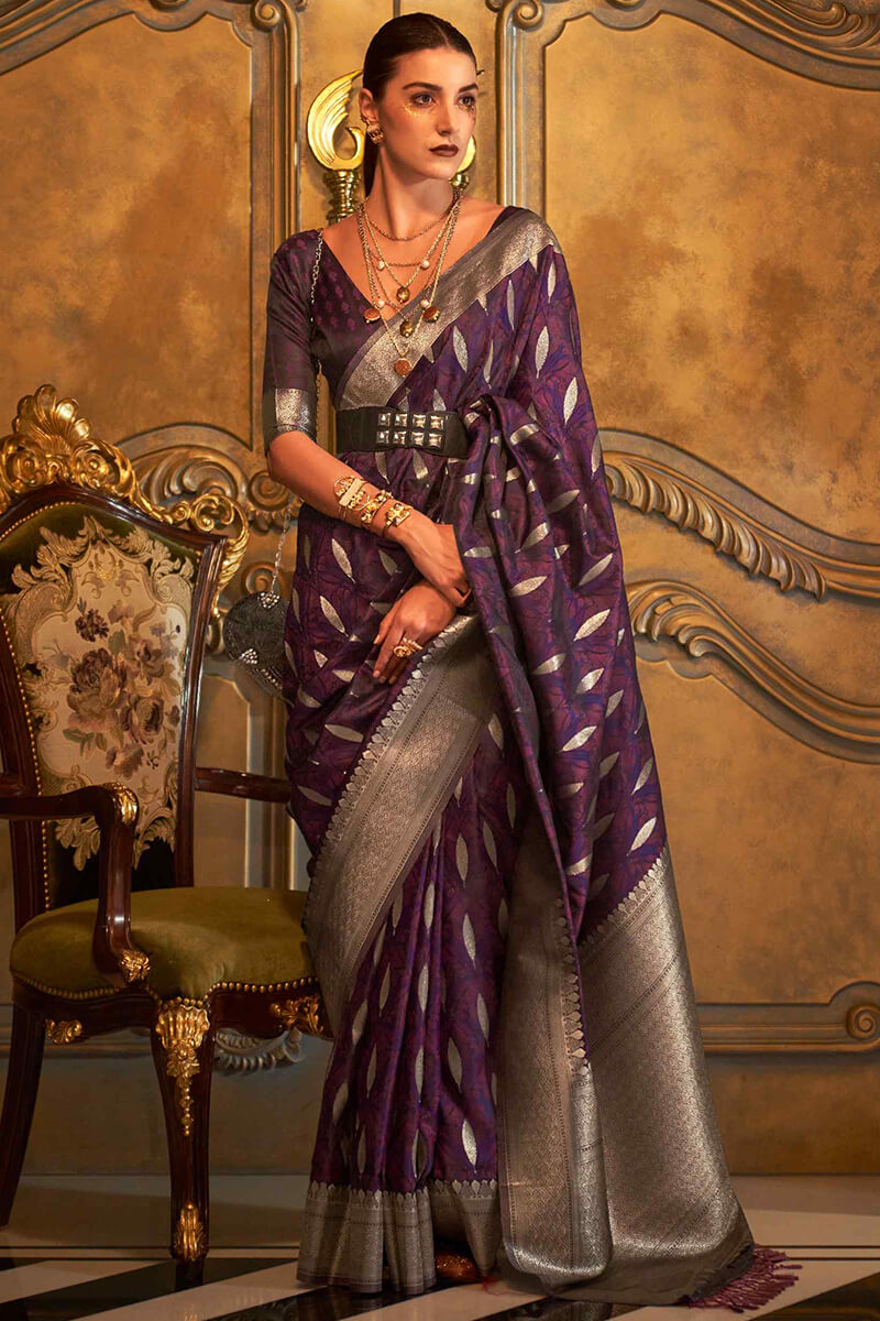 Taupe Purple Satin Banarsi Silk Saree