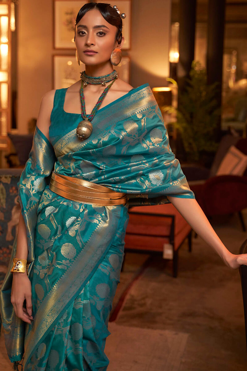 Teal Blue Zari Woven Banarasi Silk Saree