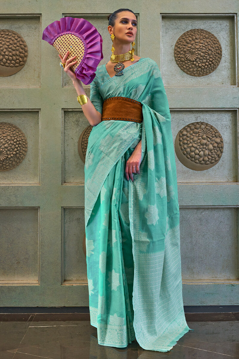 Tiffany Blue Lucknowi Woven Chikankari Saree