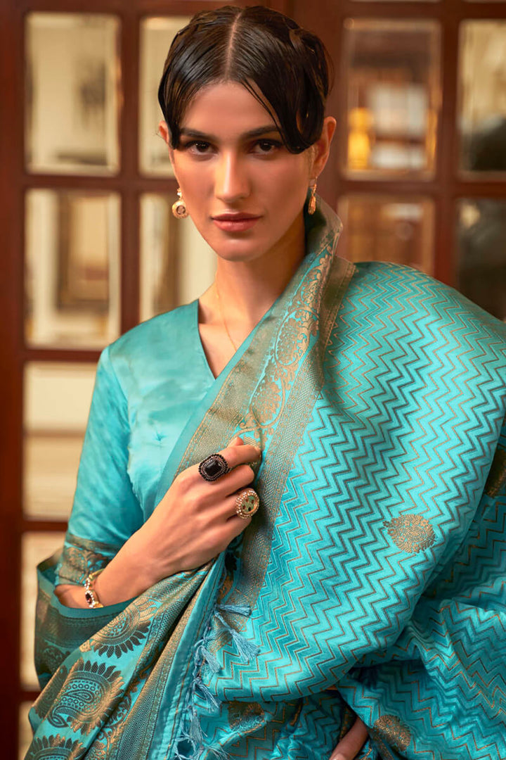 Turquoise Blue Zari Woven Satin Silk Saree