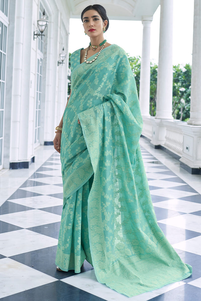Turquoise Lucknowi Chickankari Silk Saree
