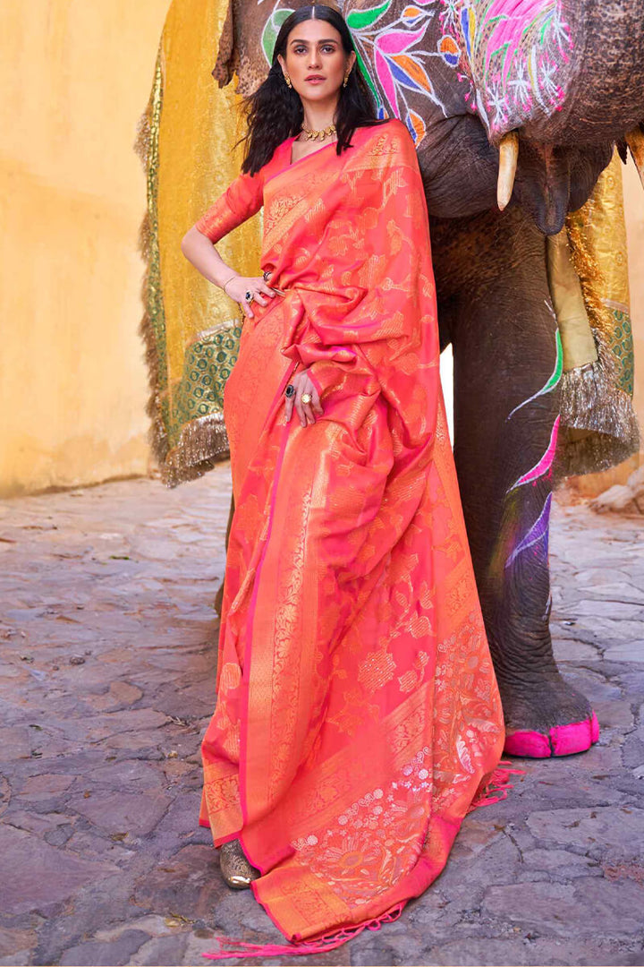 Warm Pink Banarasi Silk Saree With Sequence Work