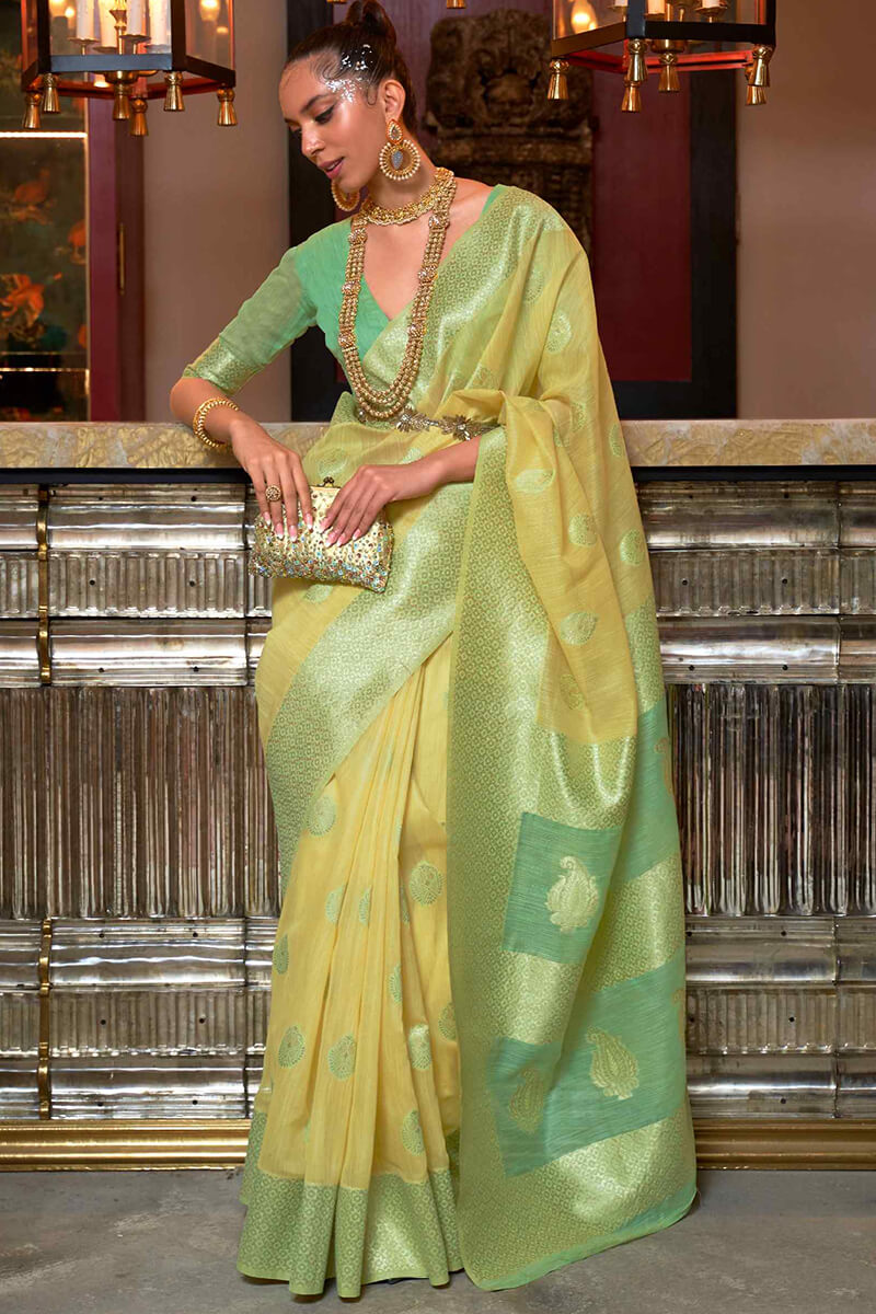 Yellow and Green Linen Silk Saree