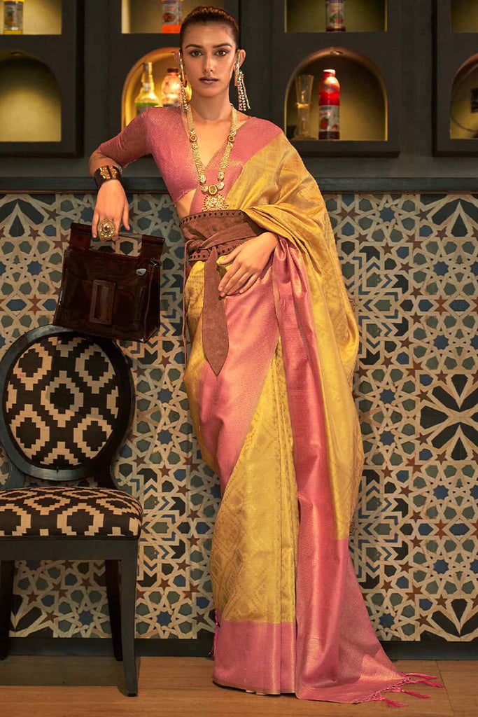 Yellow and Pink Zari Woven Banarasi Silk Saree